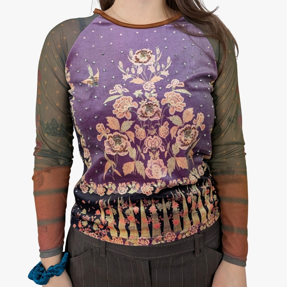 Floral Mesh Long Sleeve Top - Purple and Black
